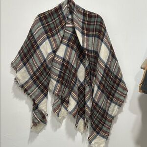 Plaid Fringe Wrap Scarf in Cream, Green & Burgundy